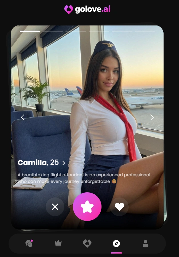 Golove AI mobile character profile interface for Camilla, age 25